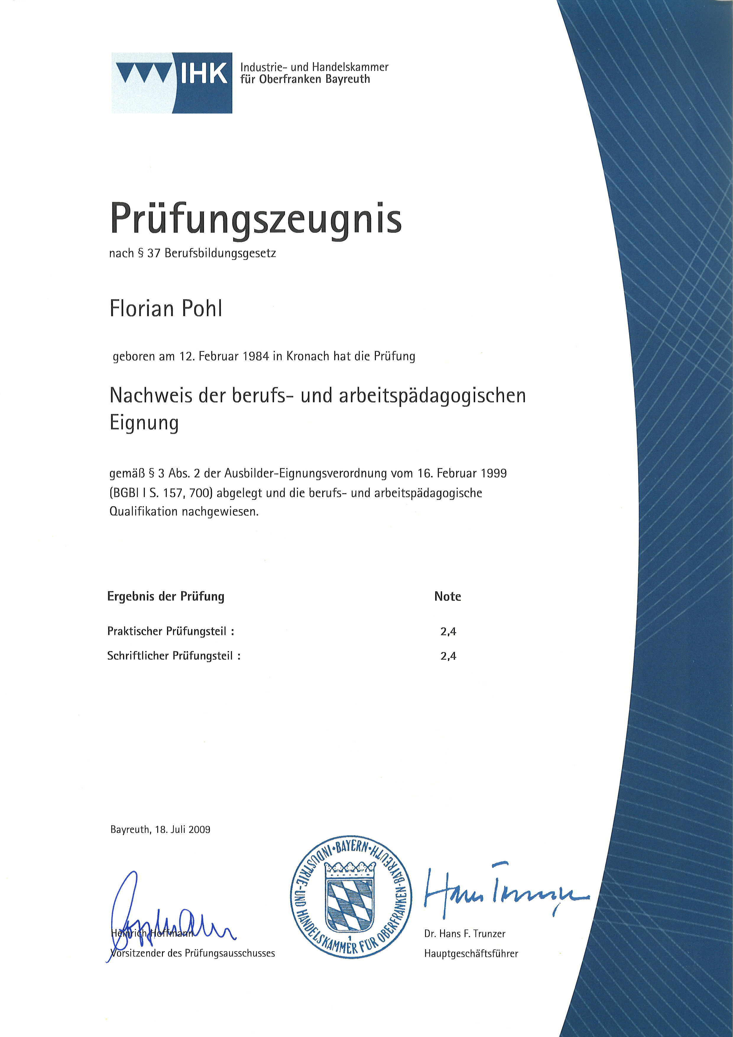 urkunde über eine bestandene prüfung